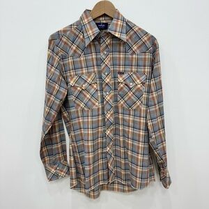 Vintage Wrangler Western Pearl Snap Sz Medium blue plaid country ranch band wear